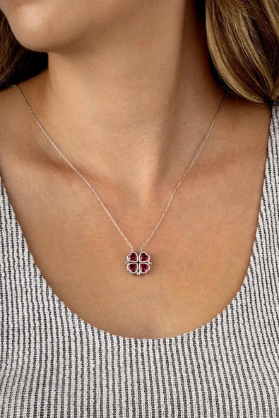 Gümüş Pazarım Açılır Kapanır 2 Kullanımlı Kırmızı Taşlı Yonca Kalp Kadın Gümüş Kolye - Resim 2