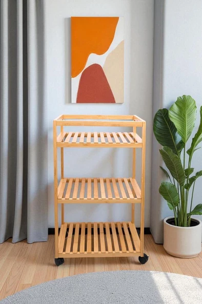 Digithome Bambu 3 Raflı Tekerlekli Sunum Servis Arabası Mutfak Rafı Sehpa Banyo Rafı DB-0029 - 2