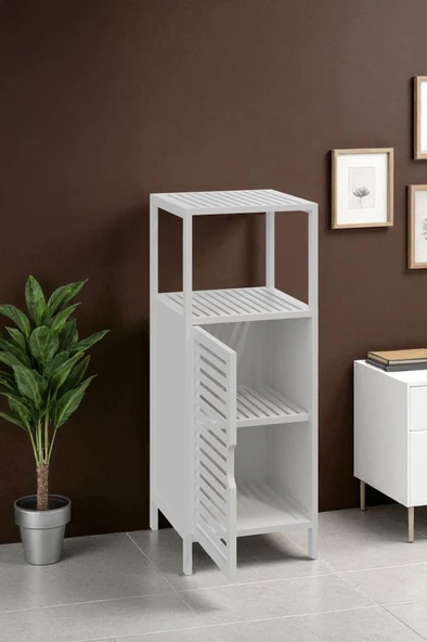 Digithome Bambu Beyaz Lake 1 Kapaklı 2 Raflı Banyo Düzenleyici Organizer Dik Dolap DB-0044 - 4