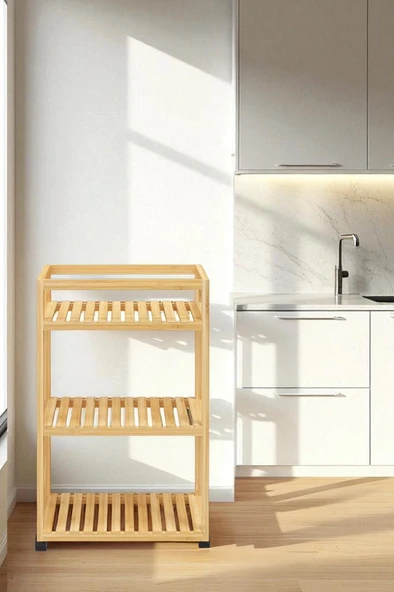 Digithome Bambu 3 Raflı Tekerlekli Sunum Servis Arabası Mutfak Rafı Sehpa Banyo Rafı DB-0029 - 6