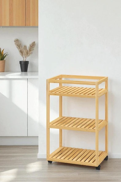 Digithome Bambu 3 Raflı Tekerlekli Sunum Servis Arabası Mutfak Rafı Sehpa Banyo Rafı DB-0029 - 5