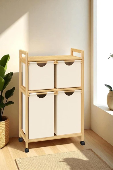 Bambu 4 Bölmeli Kirli Sepetli Çamaşır Sepeti Raflı Banyo Düzenleyici DB-0018 - 3