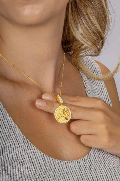 Gümüş Pazarım Top Zincirli Altın Kaplama Hayat Ağacı Gümüş Kadın Kolye - Resim 2