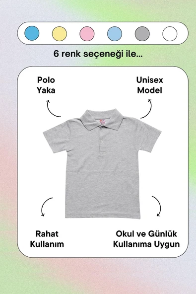Gri Kısa Kol Düz Renk Yakalı 6-17 Yaş Çocuk Okul Lakos Tişört Polo Yaka T-shirt - 4