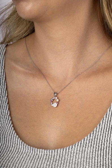 Gümüş Pazarım İnci Taneli Manolya Çiçeği Kadın Gümüş Kolye - 2