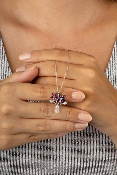 Gümüş Pazarım Aster Çiçeği Buketi Beyaz Altın Kaplama Kadın Gümüş Kolye ürün görseli 1