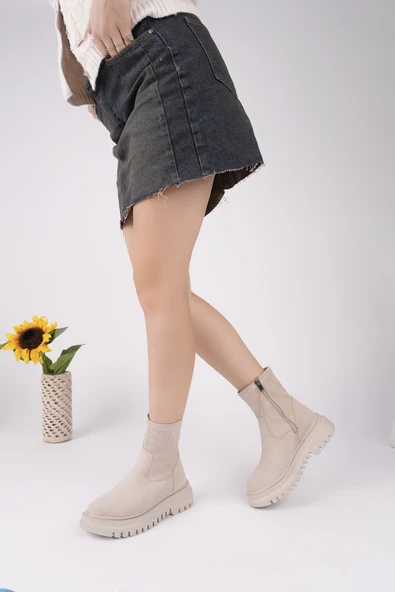 Muggo SUEVA Süet Kalın Taban Fermuarlı Kadın Bot - 4