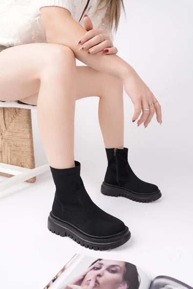 Muggo SUEVA Süet Kalın Taban Fermuarlı Kadın Bot - 9