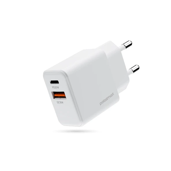 Polosmart PBS136 Hızlı 1 USB 1 PD Çıkışlı 20W Şarj Adaptörü Duvar Şarjı Beyaz