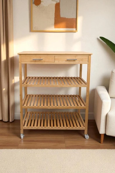 Digithome Bambu 2 Çekmeceli Tekerlekli Bango Ada Mutfak Servis Arabası DB-0021 - 2