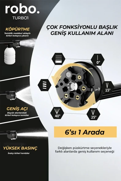 ROBO Turbo 1  Şarjlı  70 Bar Yüksek Basınçlı  Oto Yıkama Makinesi  Ve Sulama Tabancası - 4