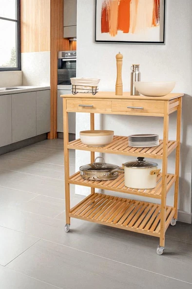 Digithome Bambu 2 Çekmeceli Tekerlekli Bango Ada Mutfak Servis Arabası DB-0021 - 9