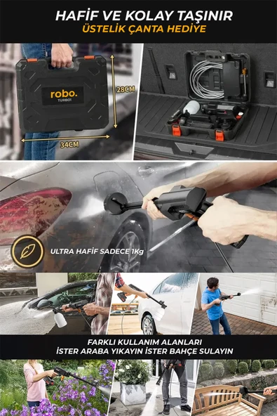 ROBO Turbo 1 Şarjlı 70 Bar Yüksek Basınçlı Oto Yıkama Makinesi Ve Sulama Tabancası - 2