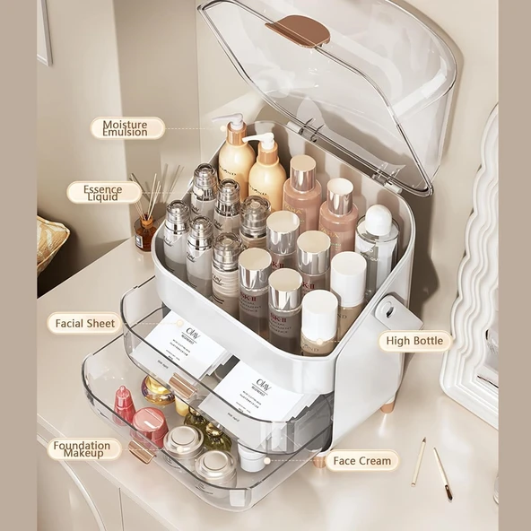 Makyaj Kozmetik Organizeri Şeffaf Kapak 2 Çekmeceli Kozmetik Düzenleyici Organizer - Resim 5