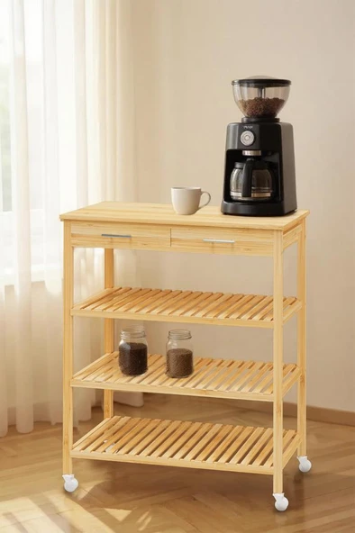 Digithome Bambu 2 Çekmeceli Tekerlekli Bango Ada Mutfak Servis Arabası DB-0021 - 4