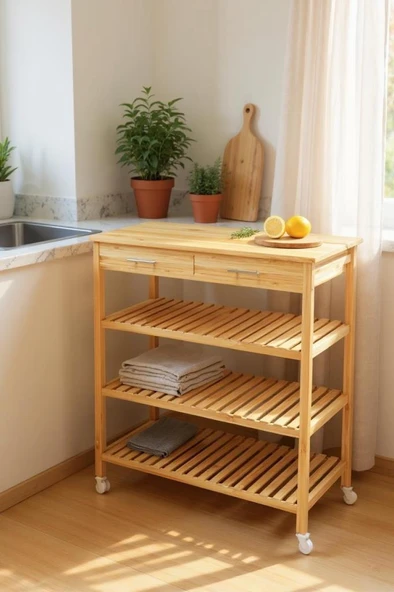 Digithome Bambu 2 Çekmeceli Tekerlekli Bango Ada Mutfak Servis Arabası DB-0021 - 5