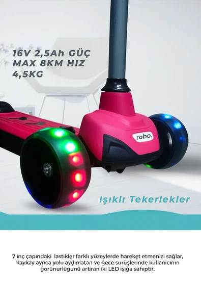 ROBO Elektrikli 3 Tekerlekli Çocuk Scooter Pembe - 3