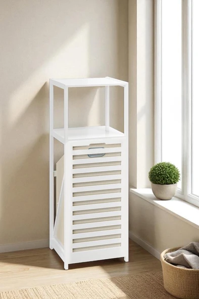 Digithome Bambu Beyaz Mat Lake Kirli Sepetli 2 Raflı Banyo Düzenleyici Çamaşır Sepeti DB-0020