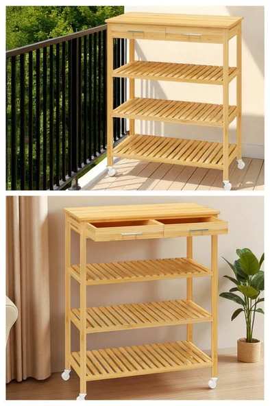 Digithome Bambu 2 Çekmeceli Tekerlekli Bango Ada Mutfak Servis Arabası DB-0021 - 6