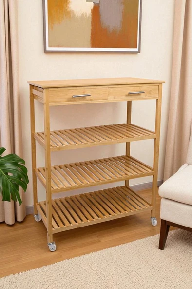 Digithome Bambu 2 Çekmeceli Tekerlekli Bango Ada Mutfak Servis Arabası DB-0021