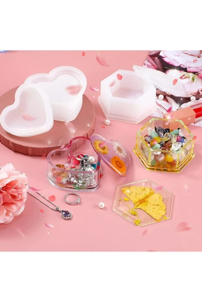 Siliko World Epoksi Kalp Kapaklı Mücevher Takı Kutusu Silikon Kalıbı - 2