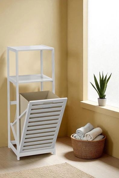 Digithome Bambu Beyaz Mat Lake Kirli Sepetli 2 Raflı Banyo Düzenleyici Çamaşır Sepeti DB-0020 - 2