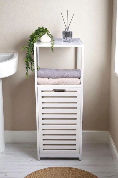 Digithome Bambu Beyaz Mat Lake Kirli Sepetli 2 Raflı Banyo Düzenleyici Çamaşır Sepeti DB-0020 - 6