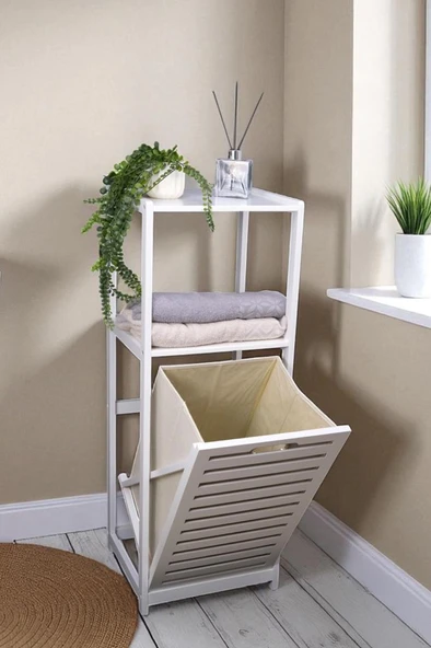 Digithome Bambu Beyaz Mat Lake Kirli Sepetli 2 Raflı Banyo Düzenleyici Çamaşır Sepeti DB-0020 - 5