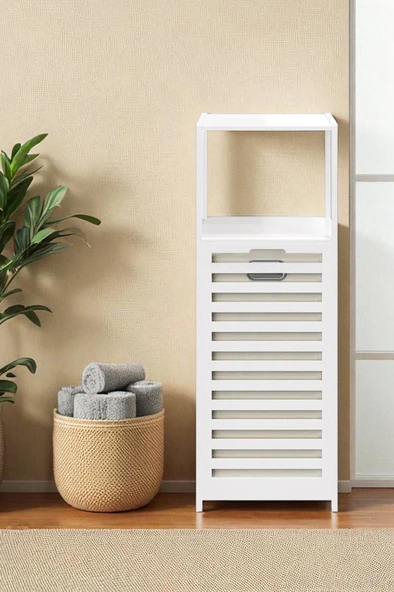 Digithome Bambu Beyaz Mat Lake Kirli Sepetli 2 Raflı Banyo Düzenleyici Çamaşır Sepeti DB-0020 - 3