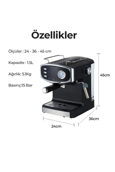 ROBO Süt Köpürtücülü Espresso Latte Cappuccino Americano Kahve Makinesi 1.5 Litre - 8
