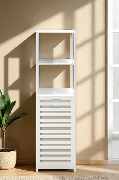 Digithome Bambu Beyaz Mat Lake Kirli Sepetli 3 Raflı Banyo Düzenleyici Çamaşır Sepeti DB-0019 - 2