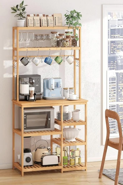 Digithome Bambu 8 Raflı Mutfak Bangosu Kahve Köşesi Fincan Askılı Mutfak Standı Dolap DB-0033 - 2