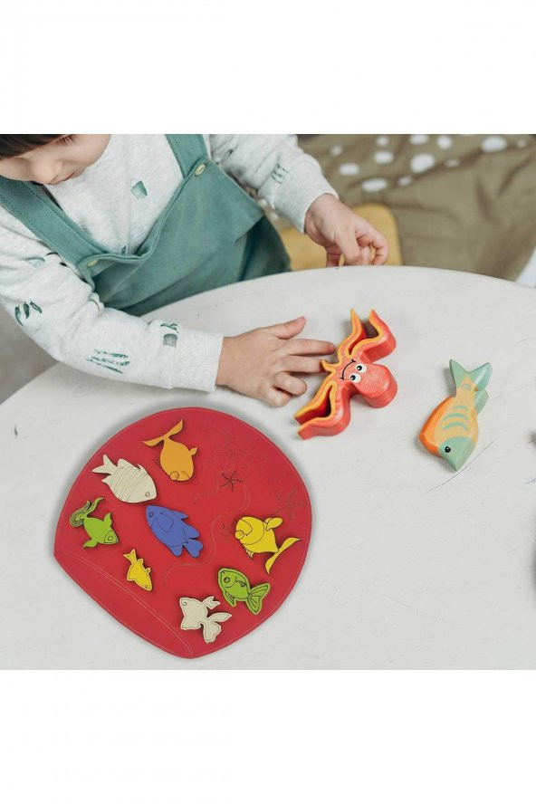 Bereket Tasarım Ahşap Puzzle 8 Parça Akvaryum Modeli - Kırmızı - 1