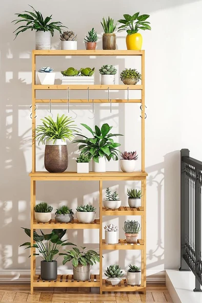 Digithome Bambu 8 Raflı Mutfak Bangosu Kahve Köşesi Fincan Askılı Mutfak Standı Dolap DB-0033