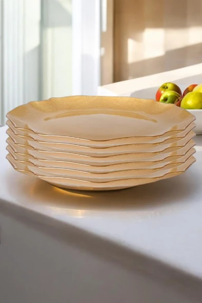 Digithome Fabric 6’lı Cam Dalgalı Kumaş Supla Tabak 32cm Metalik Altın AKC429 C320.045 - 3