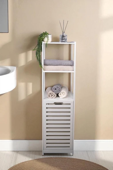 Digithome Bambu Beyaz Mat Lake Kirli Sepetli 3 Raflı Banyo Düzenleyici Çamaşır Sepeti DB-0019 - 5