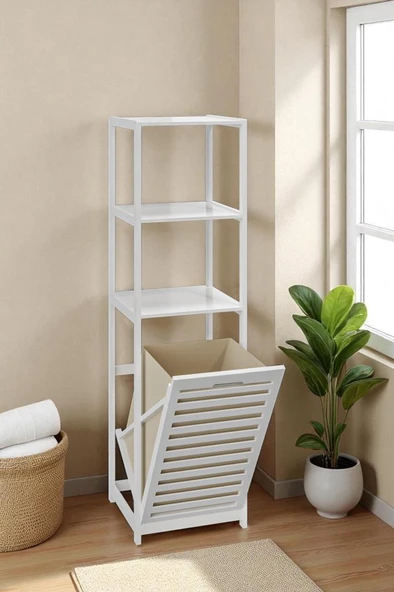 Digithome Bambu Beyaz Mat Lake Kirli Sepetli 3 Raflı Banyo Düzenleyici Çamaşır Sepeti DB-0019