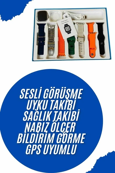 Akıllı Saat 7 Kordon Hediyeli Takvim Alarm Nabız Ölçer Bildirim Görme Sesli Görüşme ürün görseli