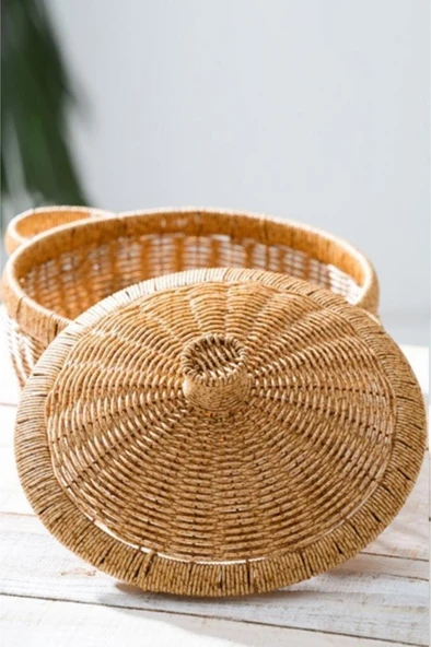 Digithome Rattan Hasır Kapaklı Çok Amaçlı Depolama Mutfak Banyo Sepeti 26 Cm Kahverengi - Resim 2