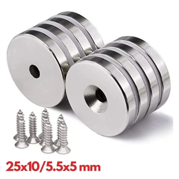 1 Adet 25x10/5x5,5 Mm Neodyum Mıknatıs Havşa Delikli Magnet Vida Atılabilir N35 Nikel Paslanmaz - 4