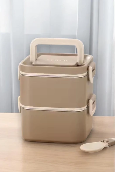 Digithome Bento 2 Katlı Taşınabilir Paslanmaz Çelik Yemek Kabı Termosu Lunch Box Kare Haki 1400Ml ürün görseli