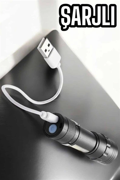 Şarjlı Metal Zoomlu El Feneri Işıldak Led Işık Taşınabilir El Lambası - Resim 4