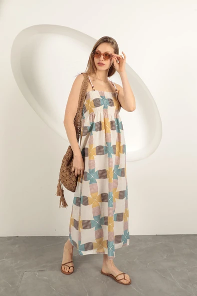 Keten Kumaş Desenli Elbise-Ekru ürün görseli