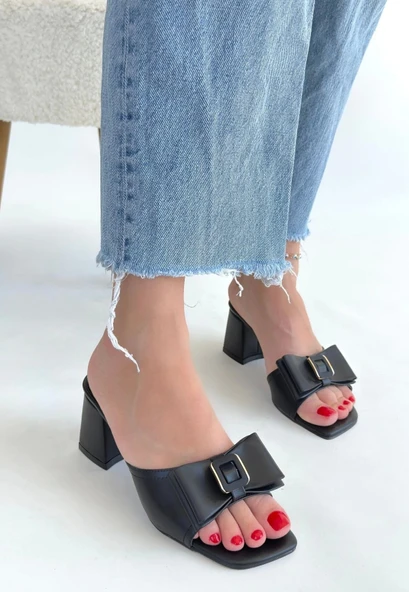 Veor Siyah Cilt Topuklu Terlik - Resim 3