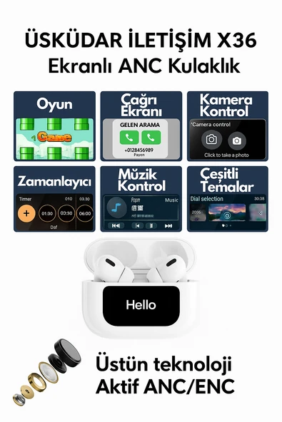 ÜSKÜDAR İLETİŞİM Dijital Ekranlı Kulaklık X36 ANC Gürültü Engelleme İOS     Android Tüm Telefonlara Uyumlu Kulaklık - 7