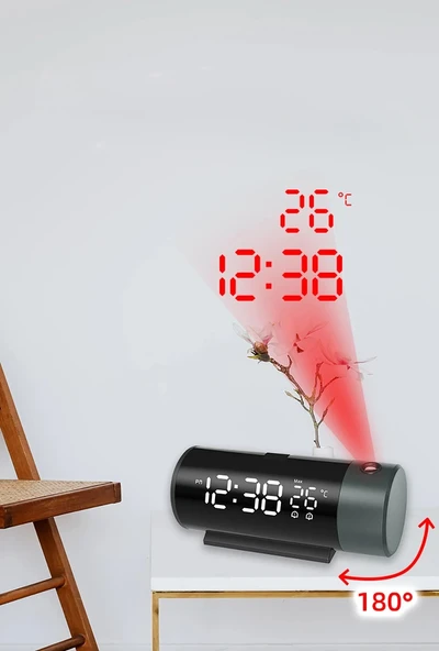 TechTic Projeksiyon Saat Silindir 180 Derece Çift Alarm Sıcaklık-Saat Yansıtmalı Çalar Saat Telefon Şarjı - Resim 9