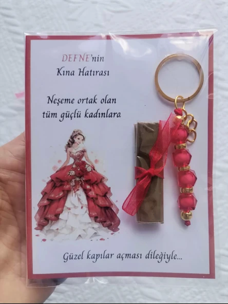 100 Adet Kişiye Özel Kına Hatırası Dağıtmalık Hediyelik Kırmızı Anahtarlık ve Paketlenmiş Kına - 7