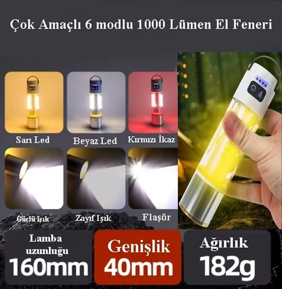 GP-222 Zoomlu 1000lümen Şarjlı Çok Fonksiyonlu El Feneri - Beyaz-Kırmızı-Sarı Ledli 6 mod Kamp Lambası ürün görseli