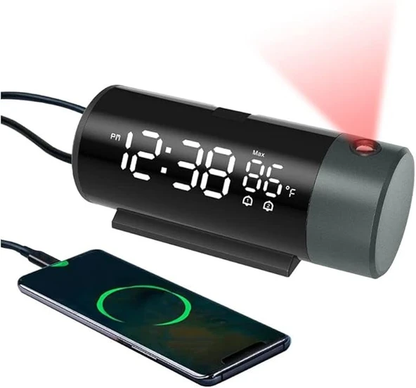 TechTic Projeksiyon Saat Silindir 180 Derece Çift Alarm Sıcaklık-Saat Yansıtmalı Çalar Saat Telefon Şarjı ürün görseli 1