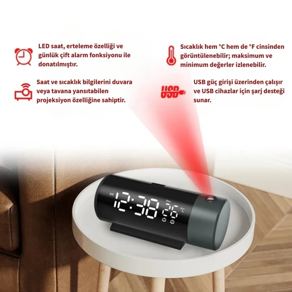 TechTic Projeksiyon Saat Silindir 180 Derece Çift Alarm Sıcaklık-Saat Yansıtmalı Çalar Saat Telefon Şarjı - Resim 6